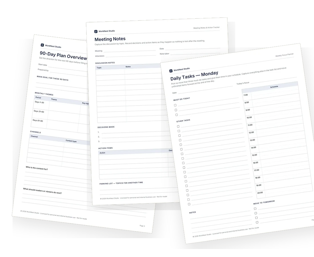 Three WorkNest Studio template pages: a 90-day plan overview, a meeting notes page and a daily task page