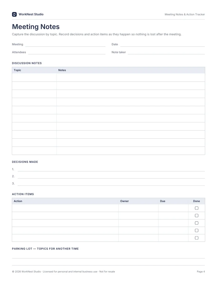 The meeting notes page, with room for decisions and action items as they come up.