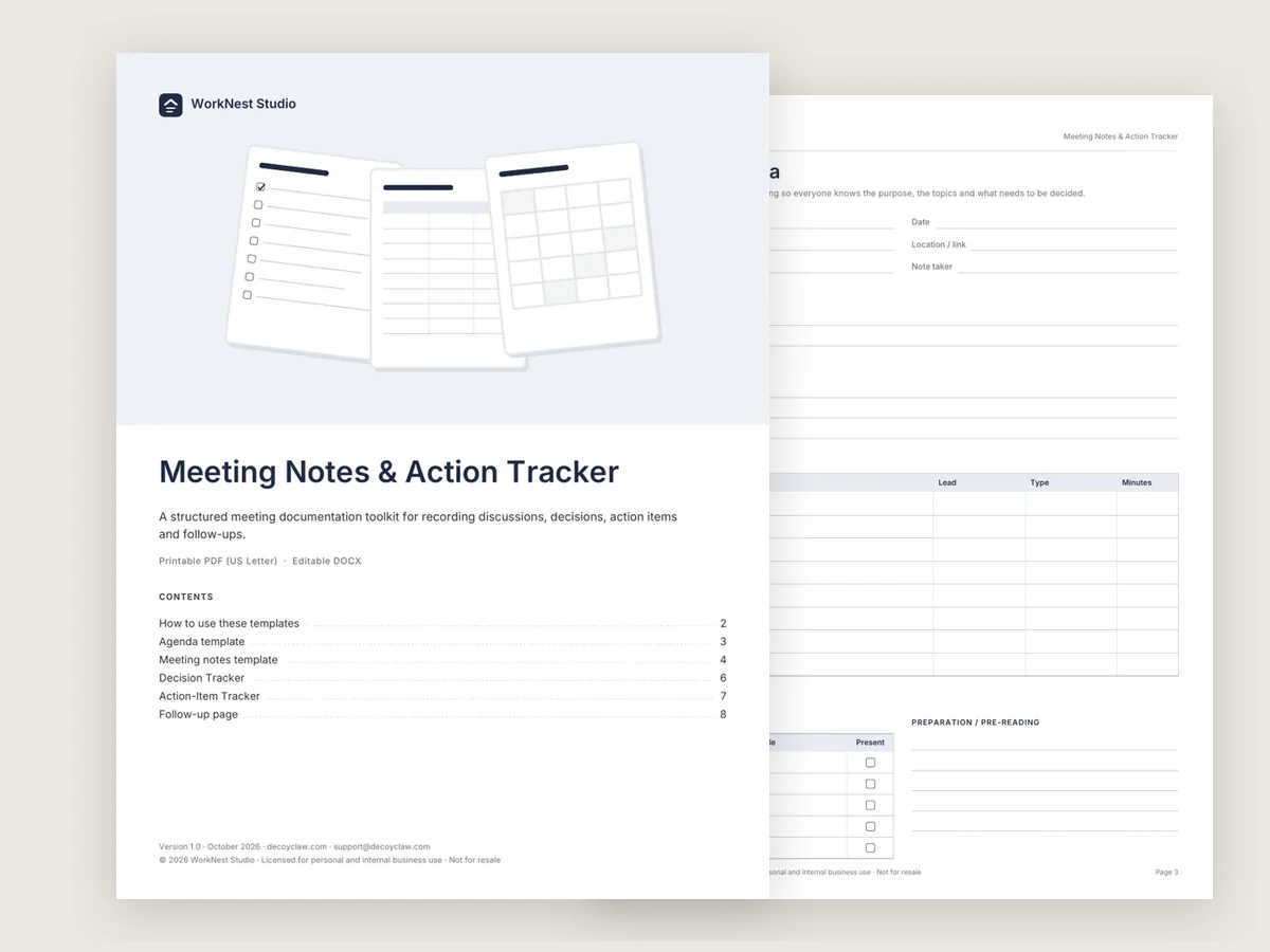 Pages from the Meeting Notes & Action Tracker